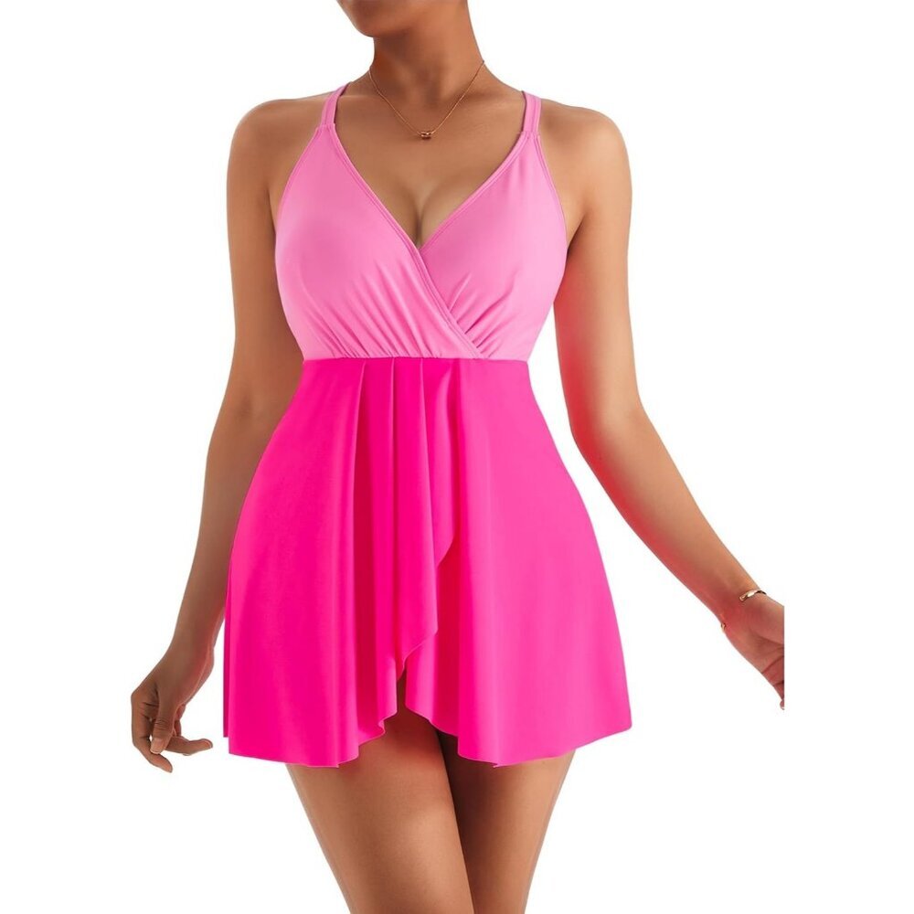 Women Pink Swim Dress Swimsuit Tummy Control Ruched Skirted Bathing Suit - Picture 2 of 8